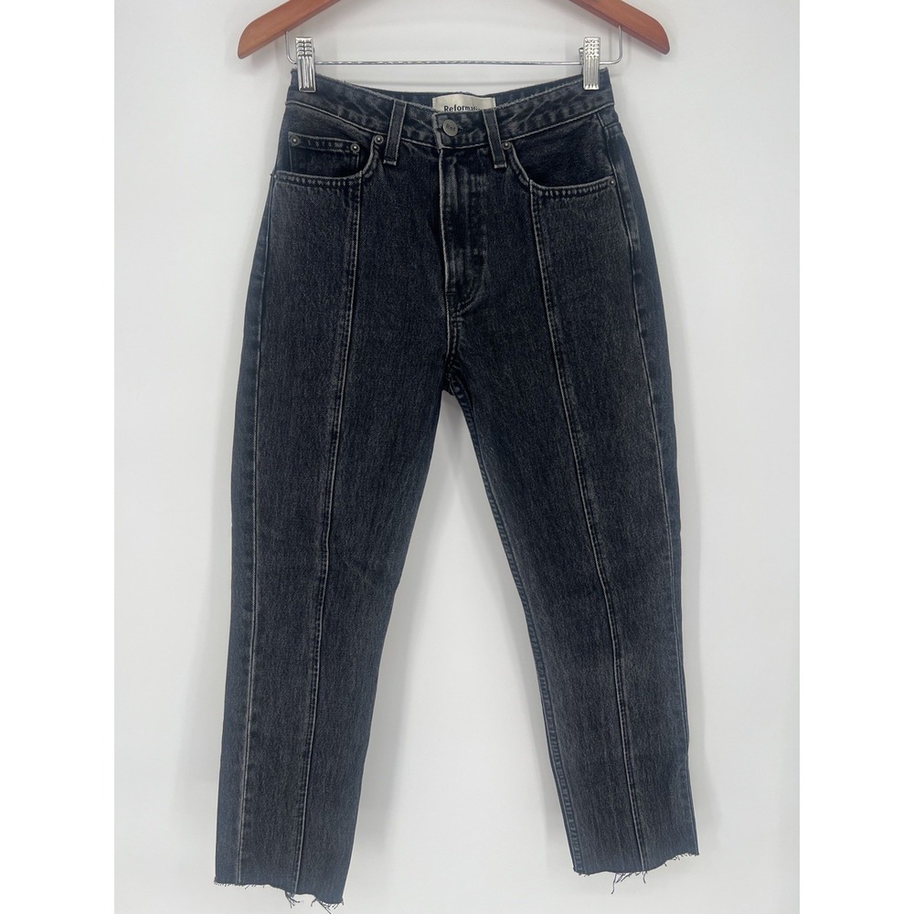 REFORMATION‎ Seamed Straight Leg Raw Hem Jean Pacific Washed Black Size 24